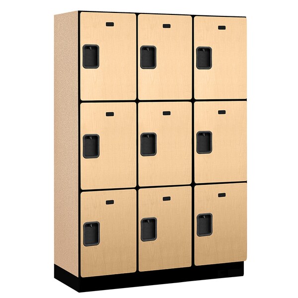 3 Tier Designer Locker, 54"Wx76"Hx18"D, 9 Door, Maple
